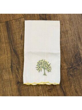 Vintage White Linen Tea Towel Embroidered Lemon Tree Yellow Scalloped Edge